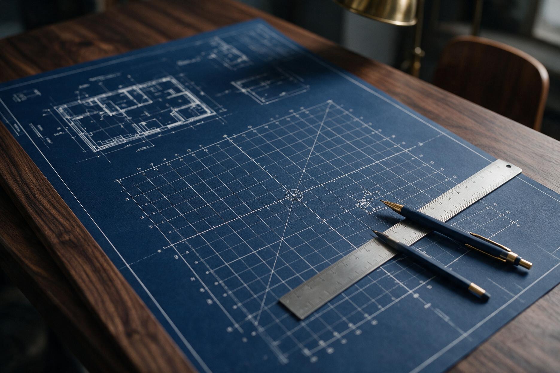 Close-up of engineering blueprints and survey grid drawings
