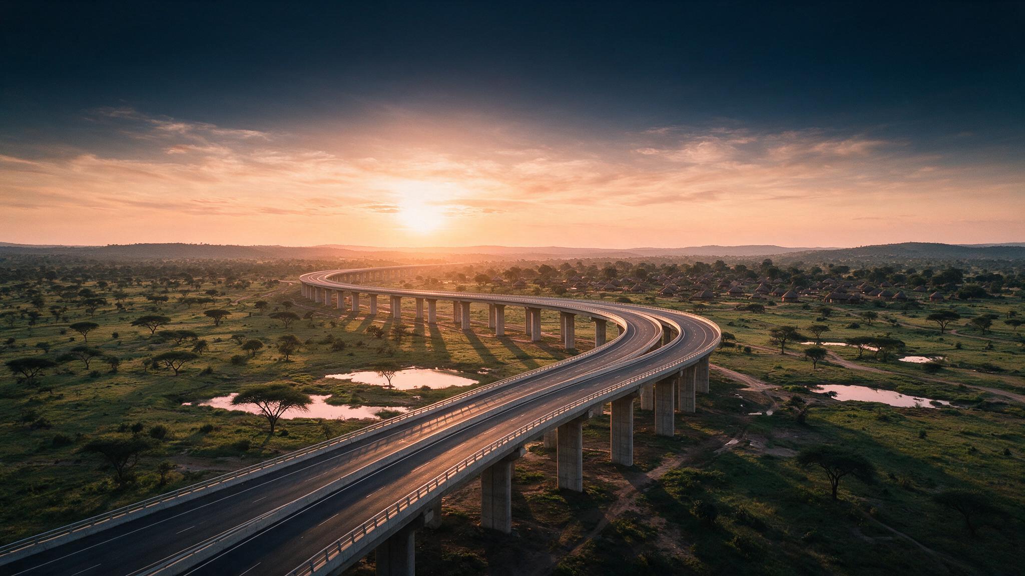 Aerial view of a modern elevated transport corridor across the African landscape at dusk