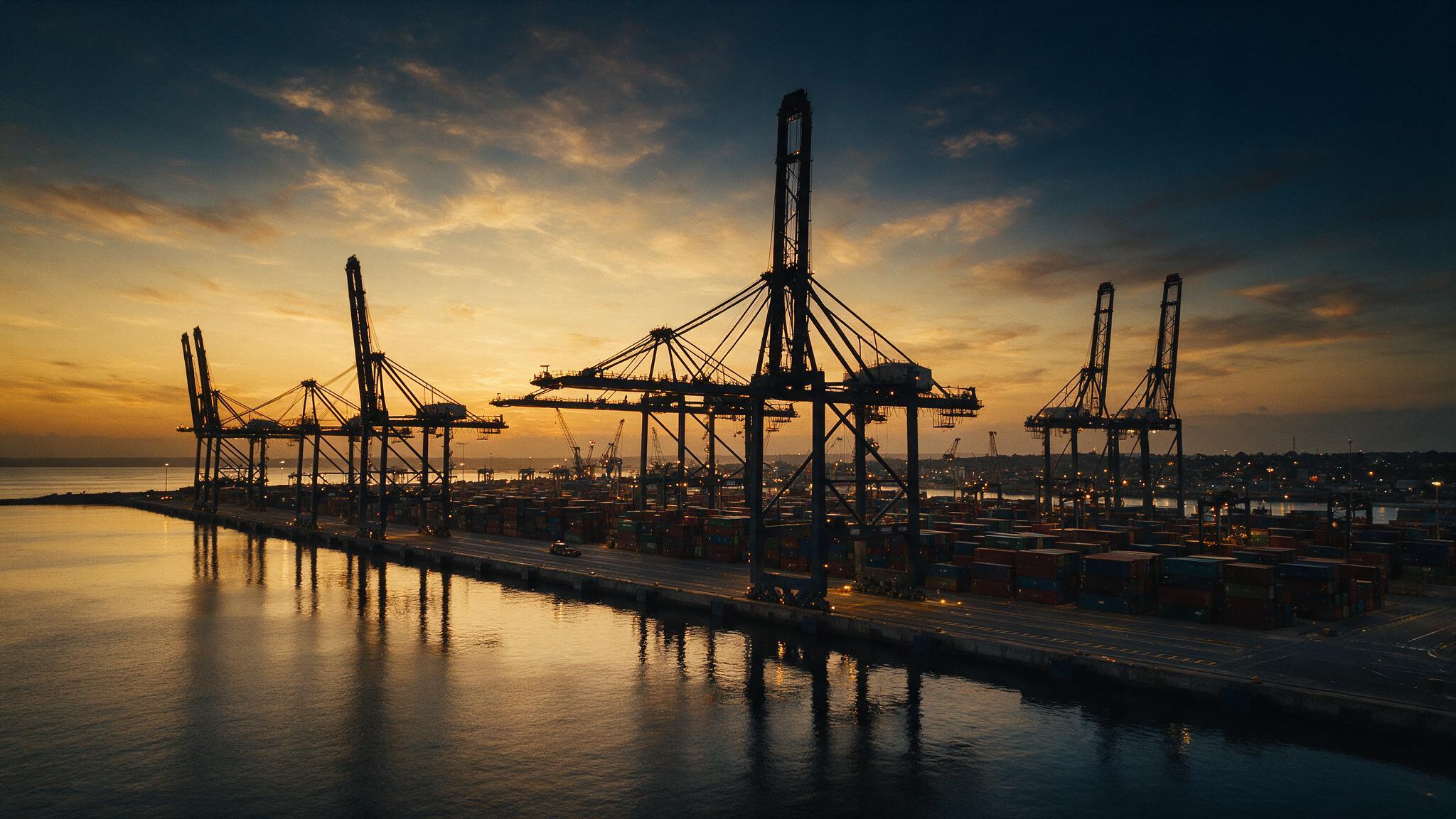 Container port with gantry cranes at dusk