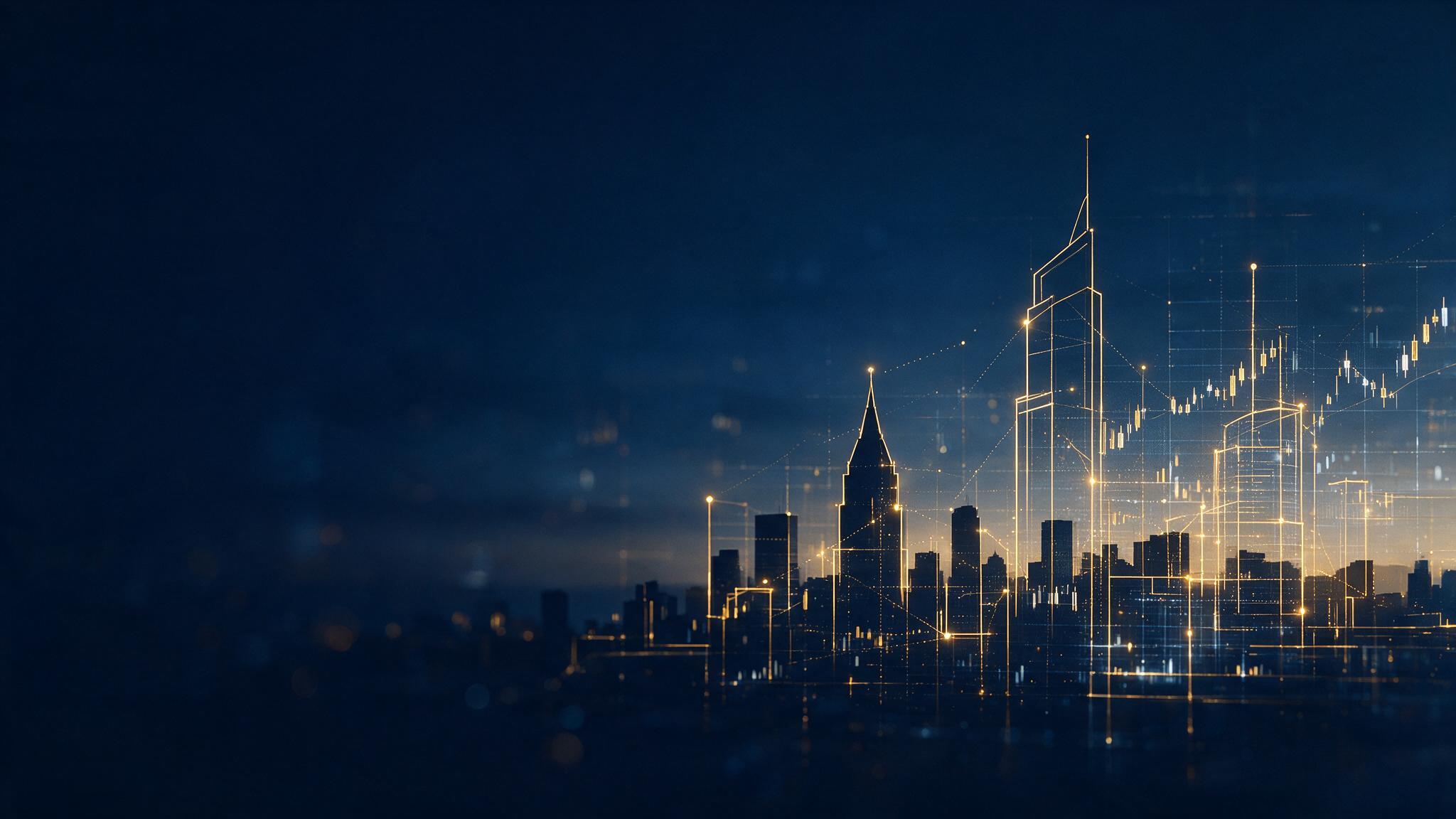 Abstract editorial image of a city skyline with architectural line drawings