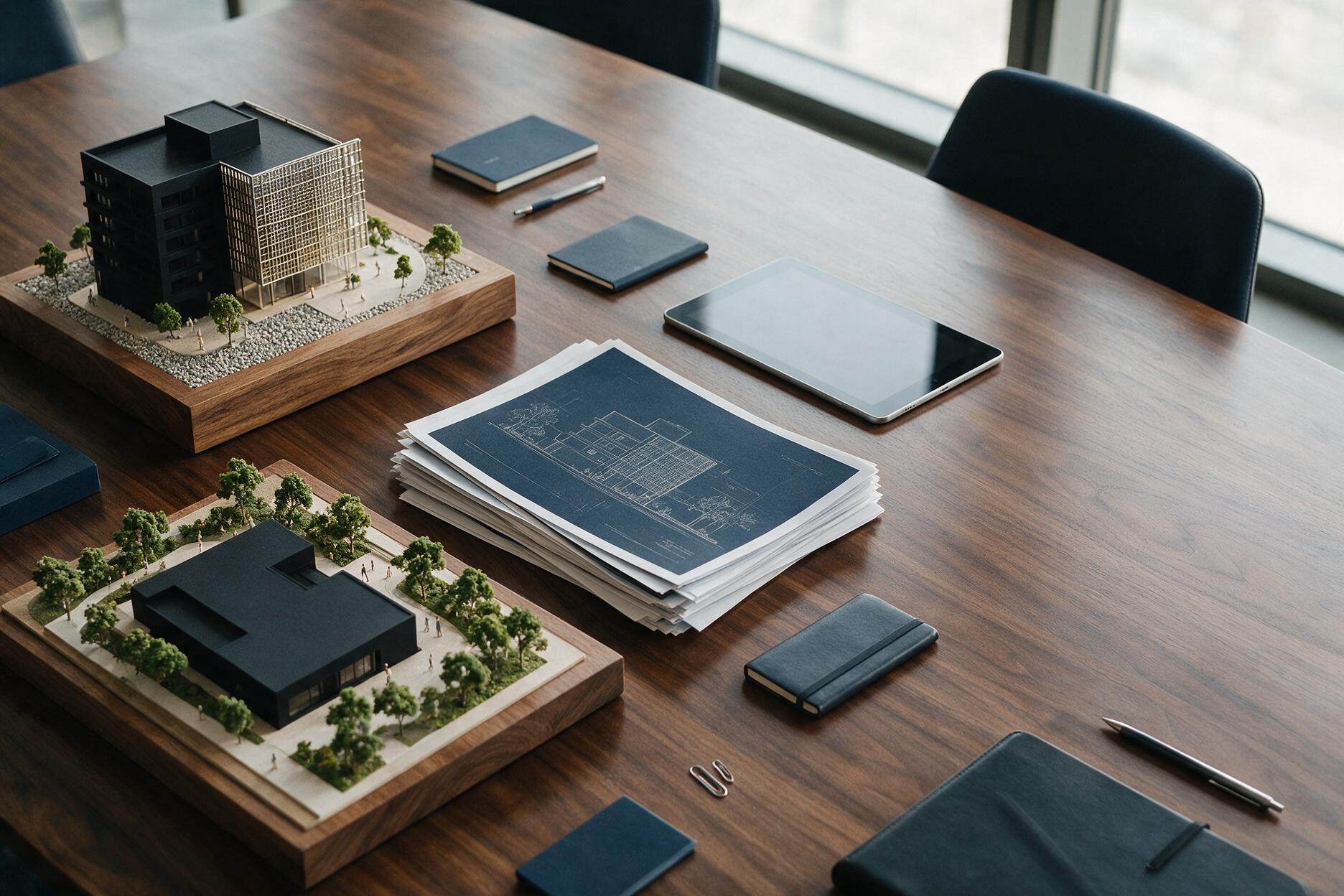 Overhead view of an executive boardroom table with architectural models and reports