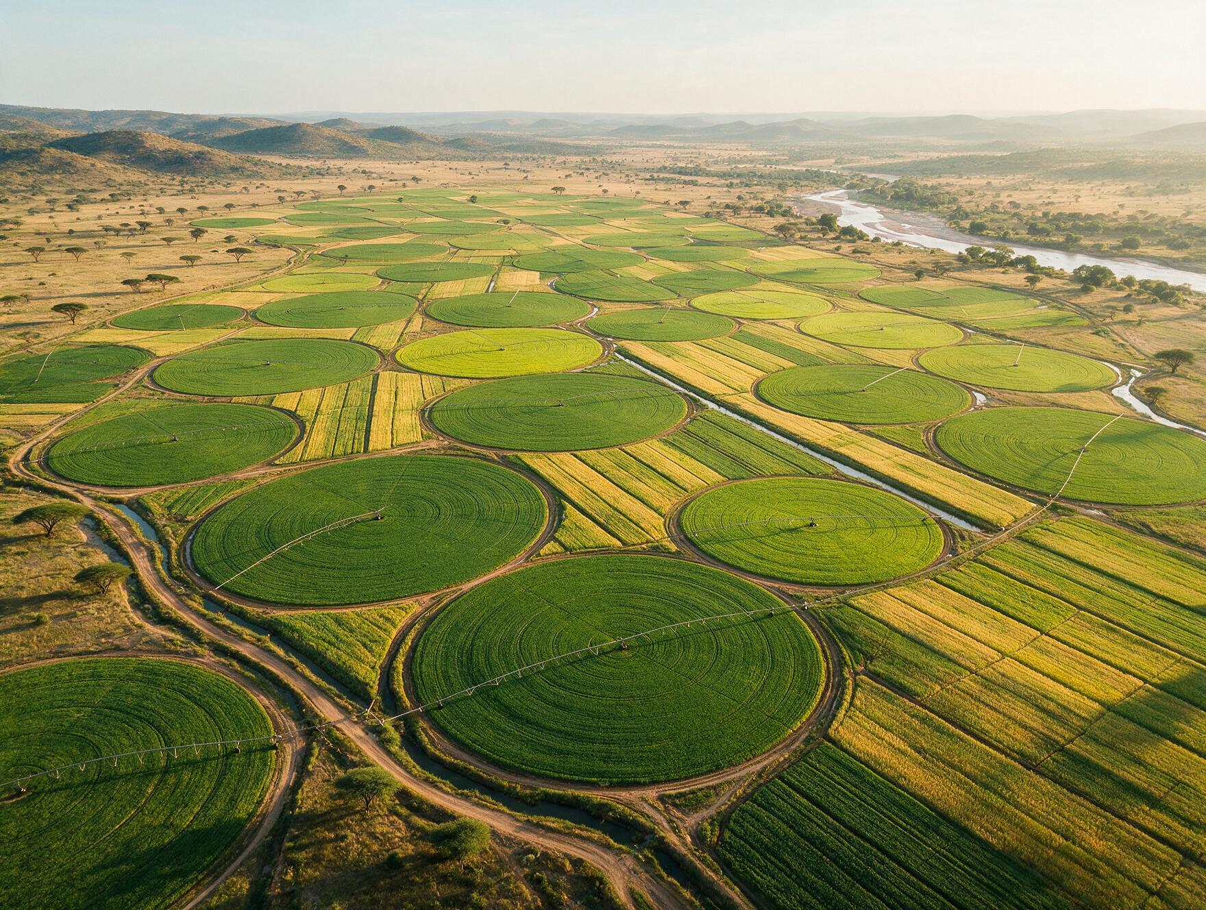 Aerial view of irrigated agricultural farmland