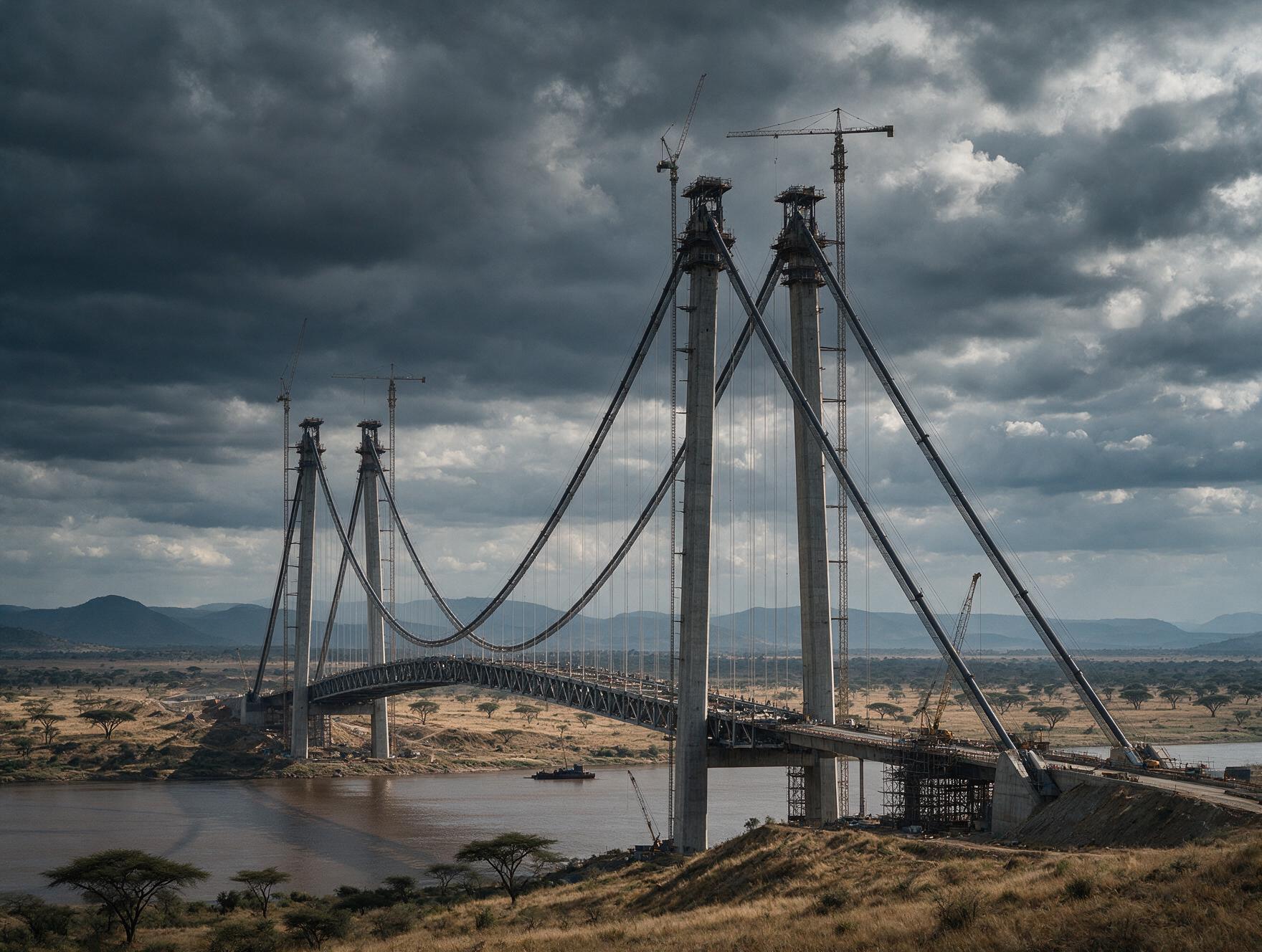 Modern suspension bridge infrastructure under construction