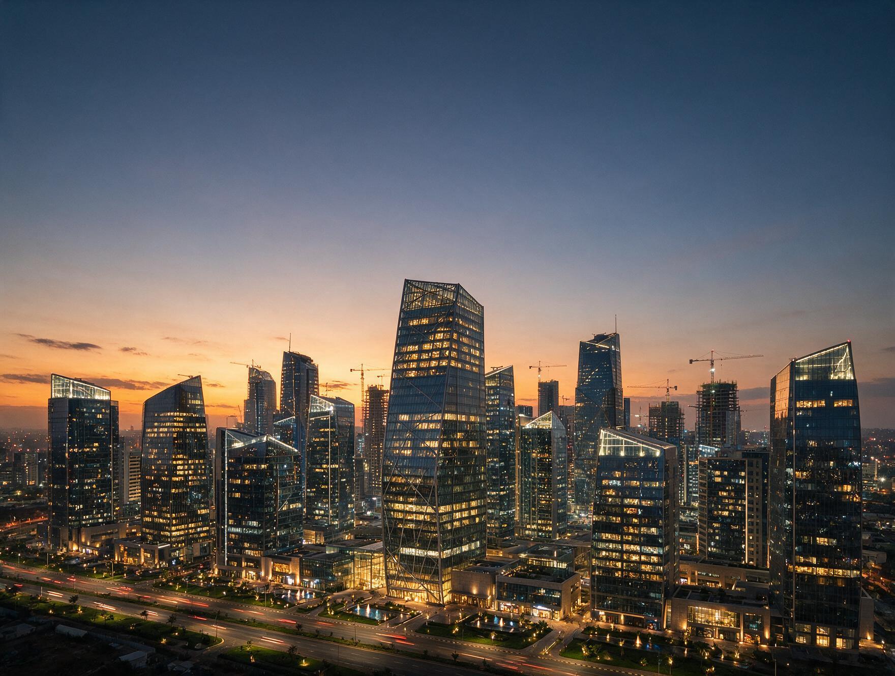 Modern commercial real estate development skyline at dusk